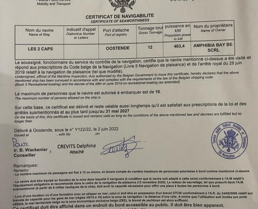 Les 2 Caps - Certificate of seaworthiness